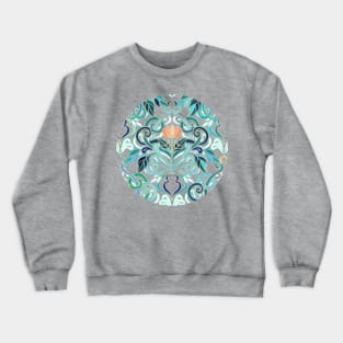 Ocean Aqua Art Nouveau Pattern with Peach Flowers Crewneck Sweatshirt